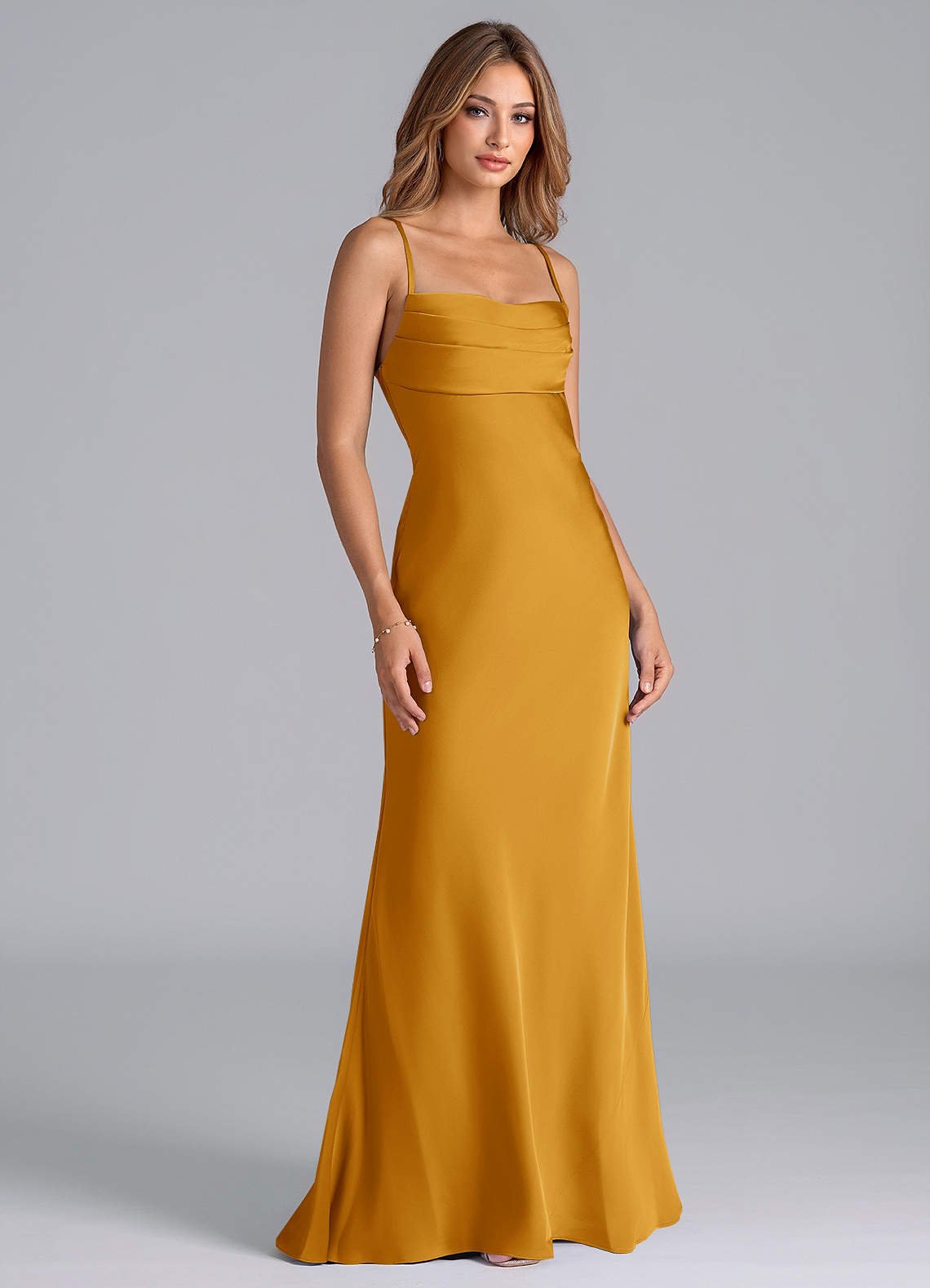 Seema Mermaid Cowl-Neck Stretch Satin Bridesmaid Dress in butterscotch