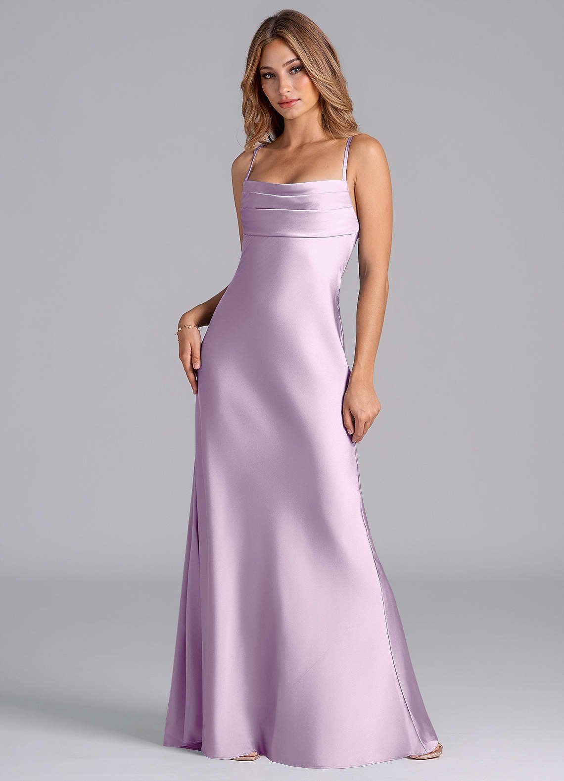 Seema Mermaid Cowl-Neck Stretch Satin Bridesmaid Dress in Frosted Lilac