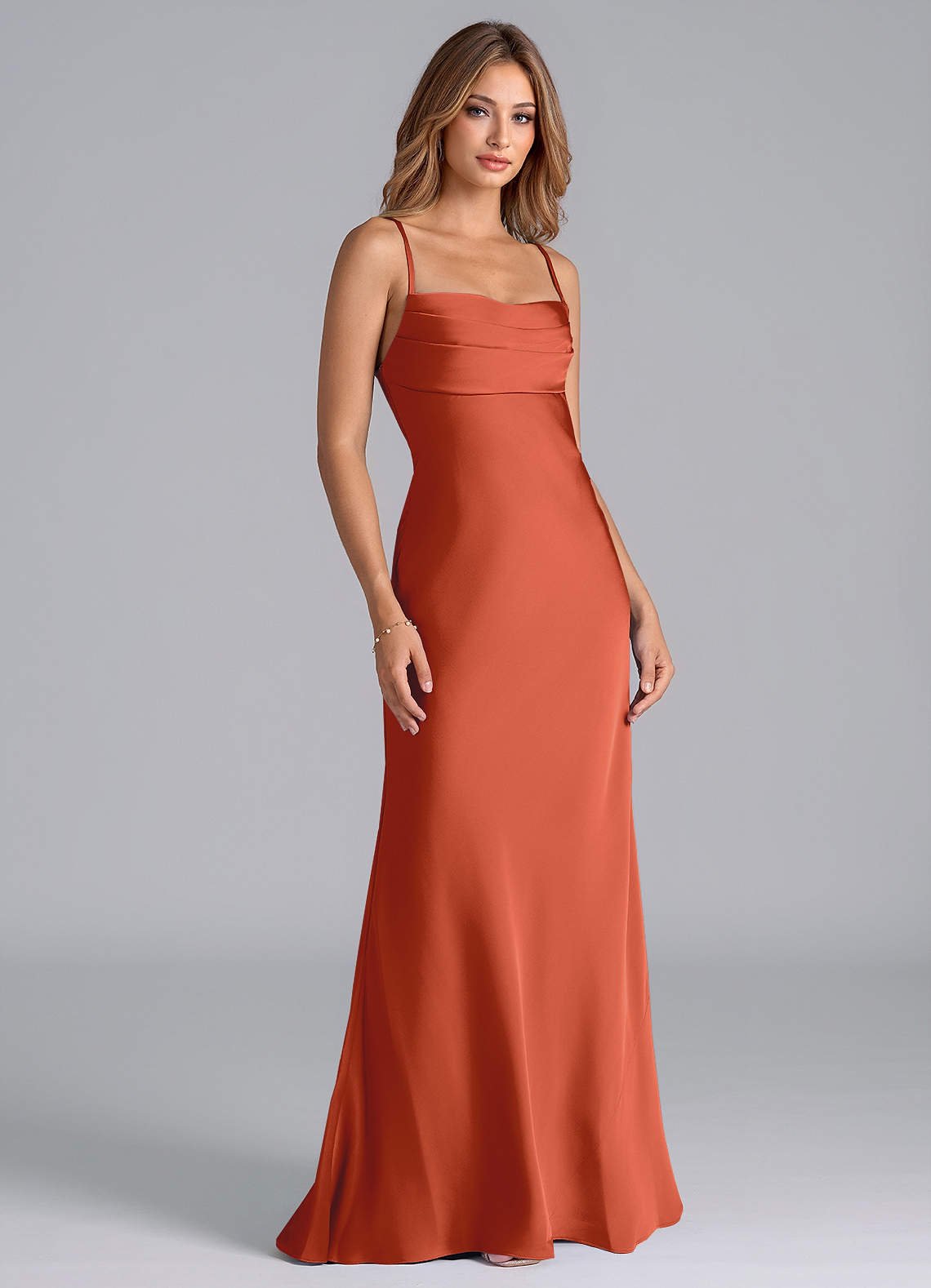 Seema Mermaid Cowl-Neck Stretch Satin Bridesmaid Dress in Rust