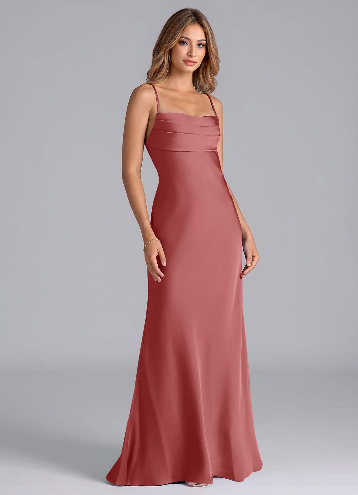 Seema Mermaid Cowl-Neck Stretch Satin Bridesmaid Dress in Antique Rose