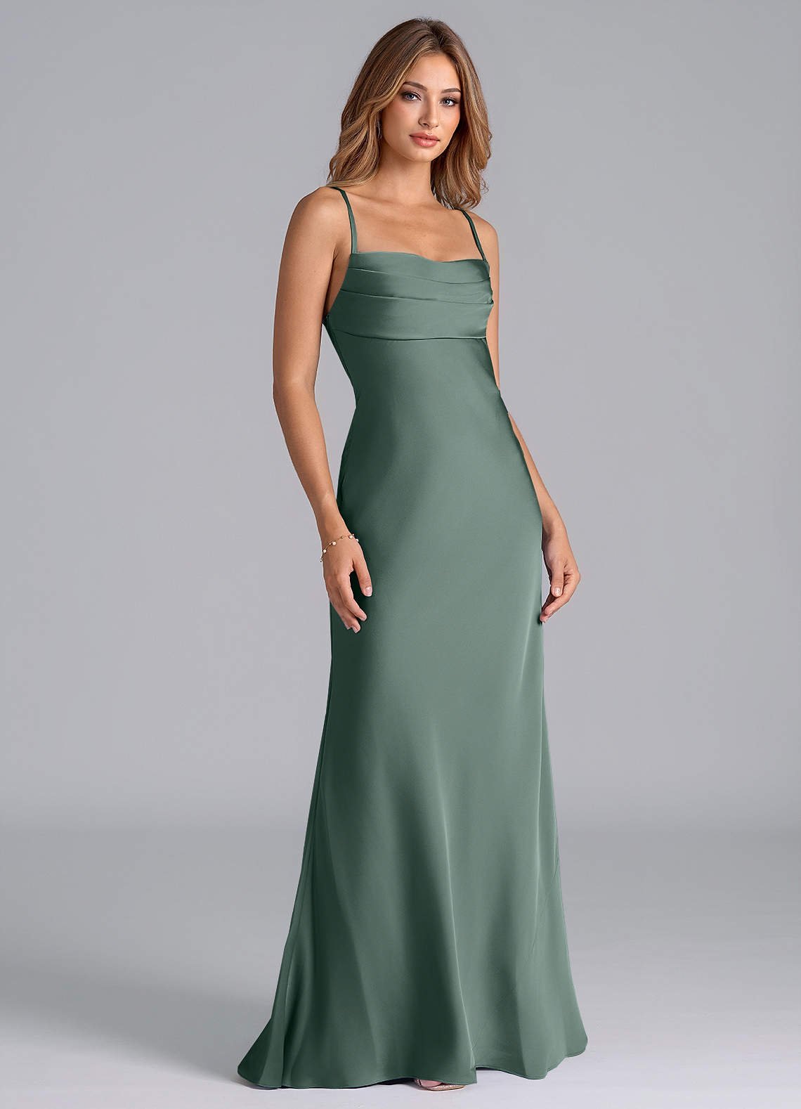 Seema Mermaid Cowl-Neck Stretch Satin Bridesmaid Dress in Sea Moss