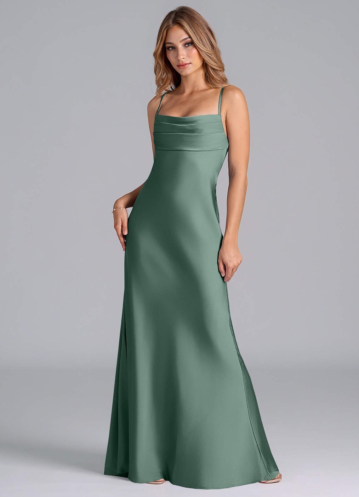 Seema Mermaid Cowl-Neck Stretch Satin Bridesmaid Dress in Eucalyptus