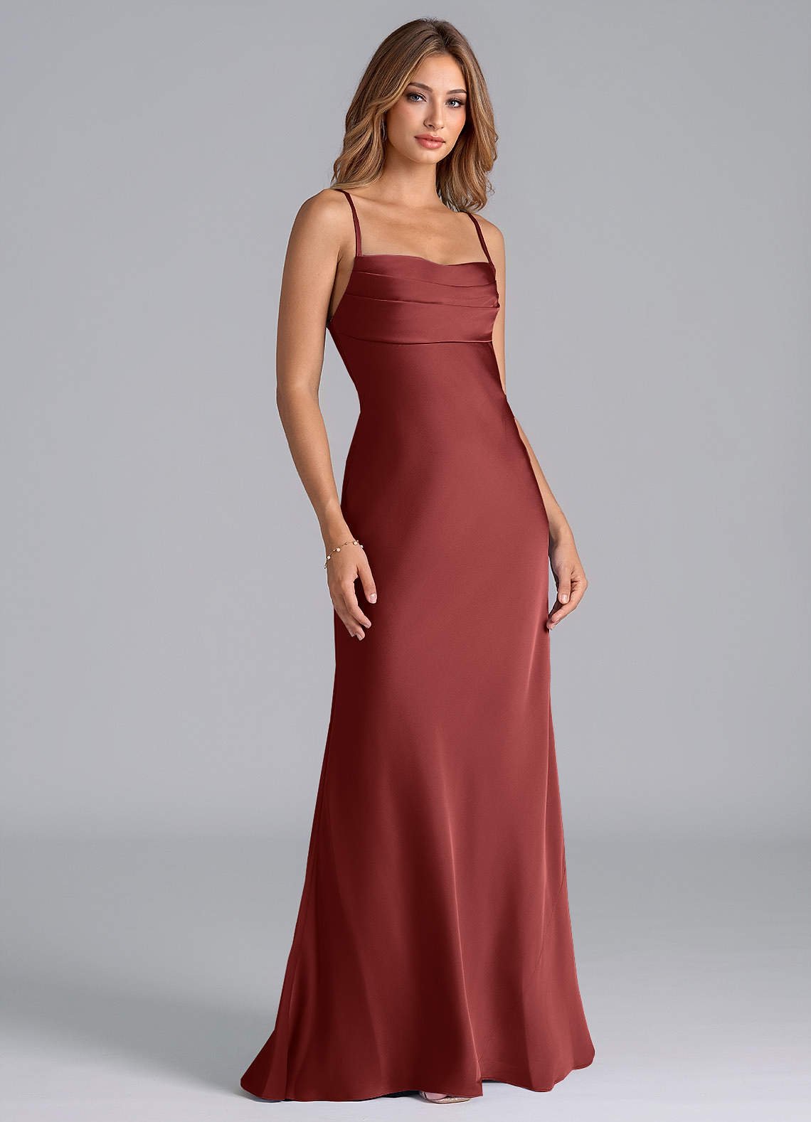 Seema Mermaid Cowl-Neck Stretch Satin Bridesmaid Dress in Terracotta