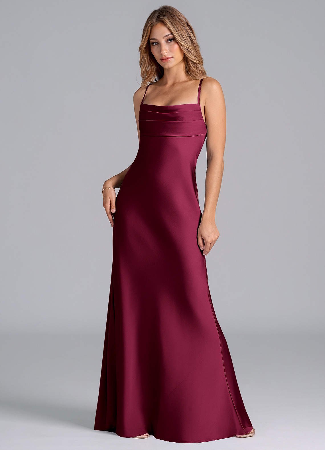 Seema Mermaid Cowl-Neck Stretch Satin Bridesmaid Dress in Burgundy