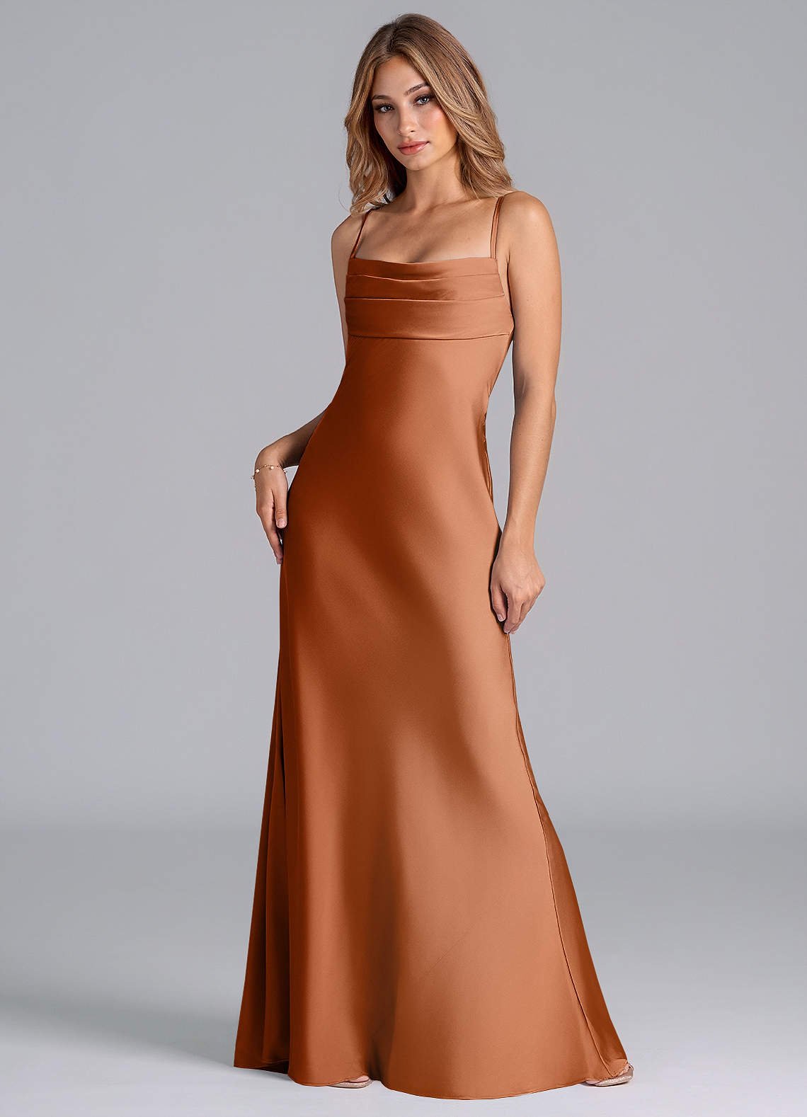 Seema Mermaid Cowl-Neck Stretch Satin Bridesmaid Dress in Copper