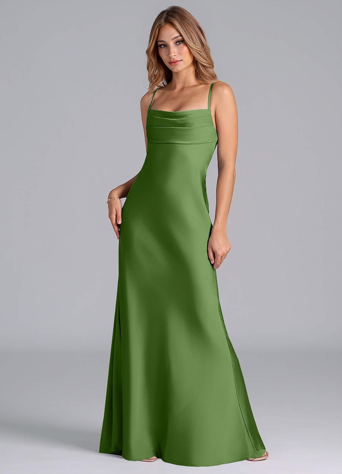 Seema Mermaid Cowl-Neck Stretch Satin Bridesmaid Dress in Basil