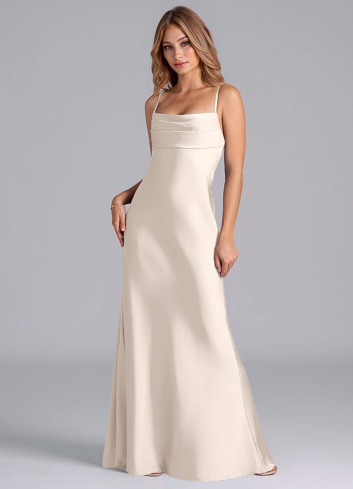 Seema Mermaid Cowl-Neck Stretch Satin Bridesmaid Dress in White Alabaster