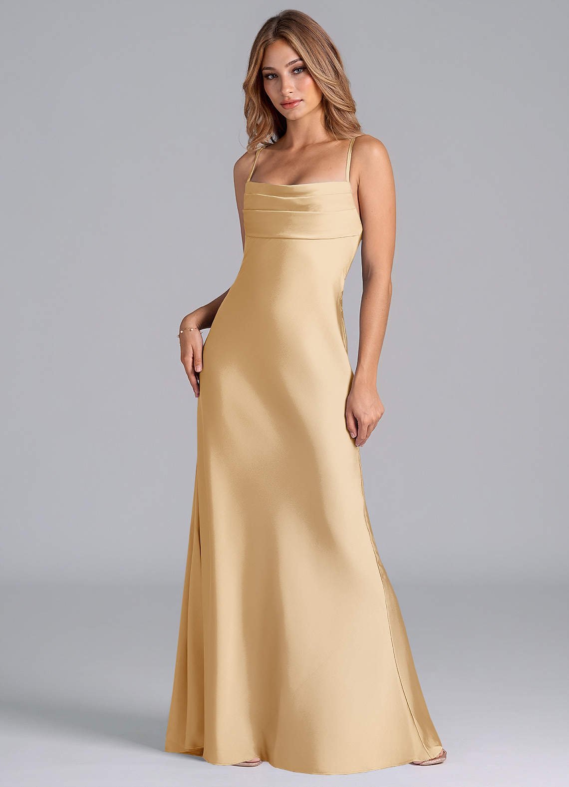 Seema Mermaid Cowl-Neck Stretch Satin Bridesmaid Dress in Gold