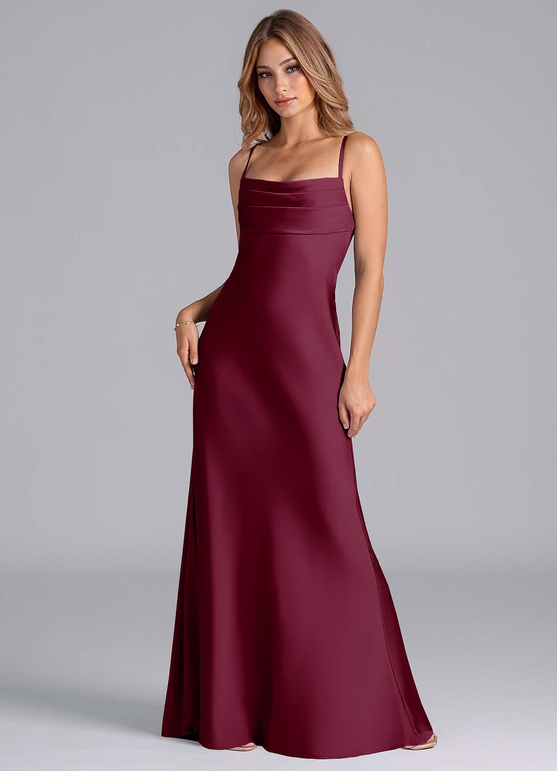 Seema Mermaid Cowl-Neck Stretch Satin Bridesmaid Dress in Mulberry