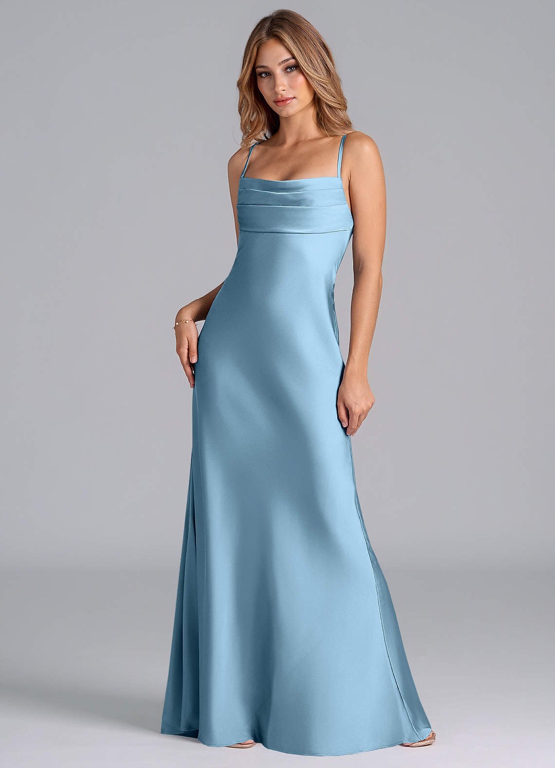 Seema Mermaid Cowl-Neck Stretch Satin Bridesmaid Dress in Steel Blue