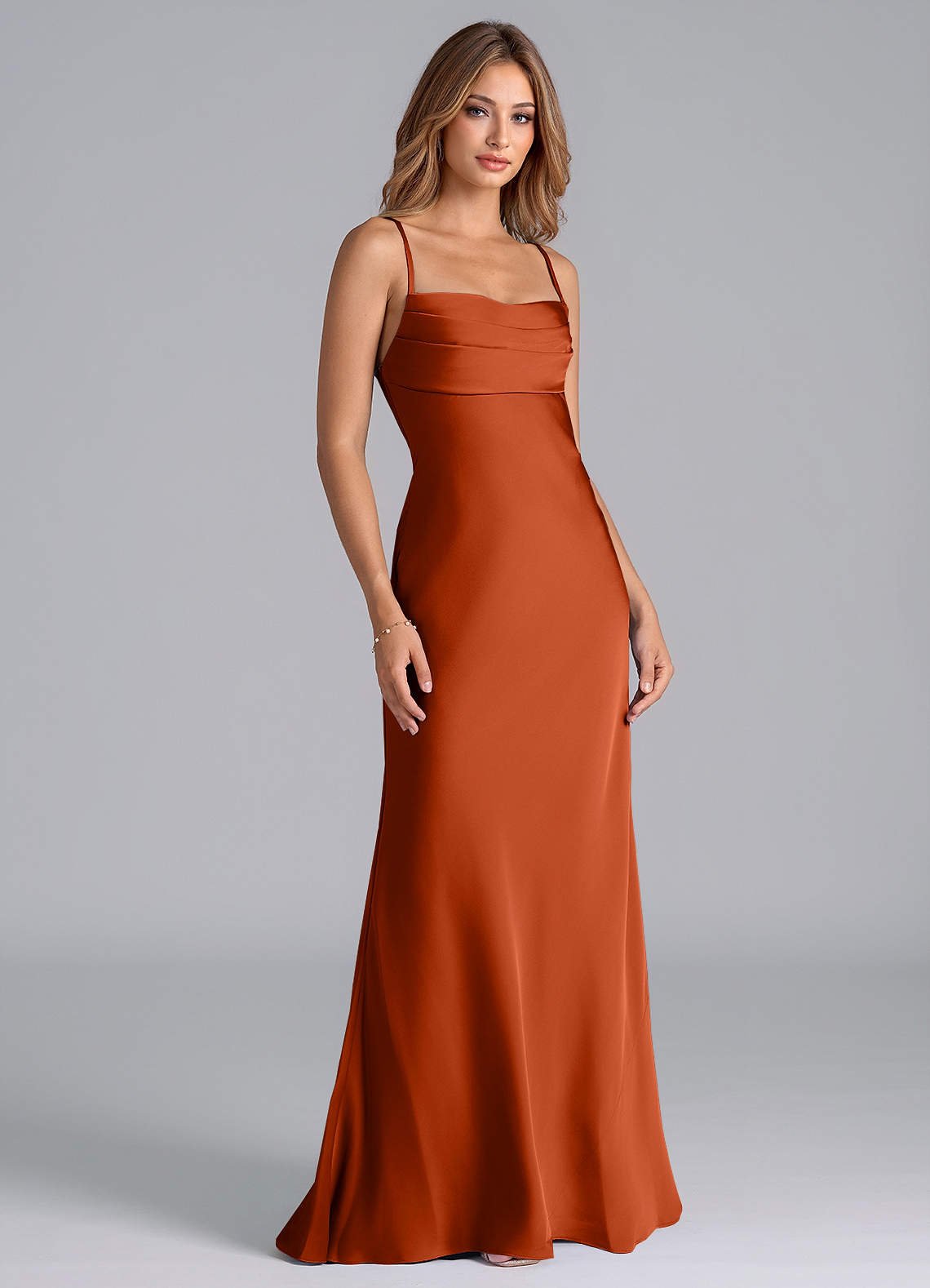 Seema Mermaid Cowl-Neck Stretch Satin Bridesmaid Dress in Paprika