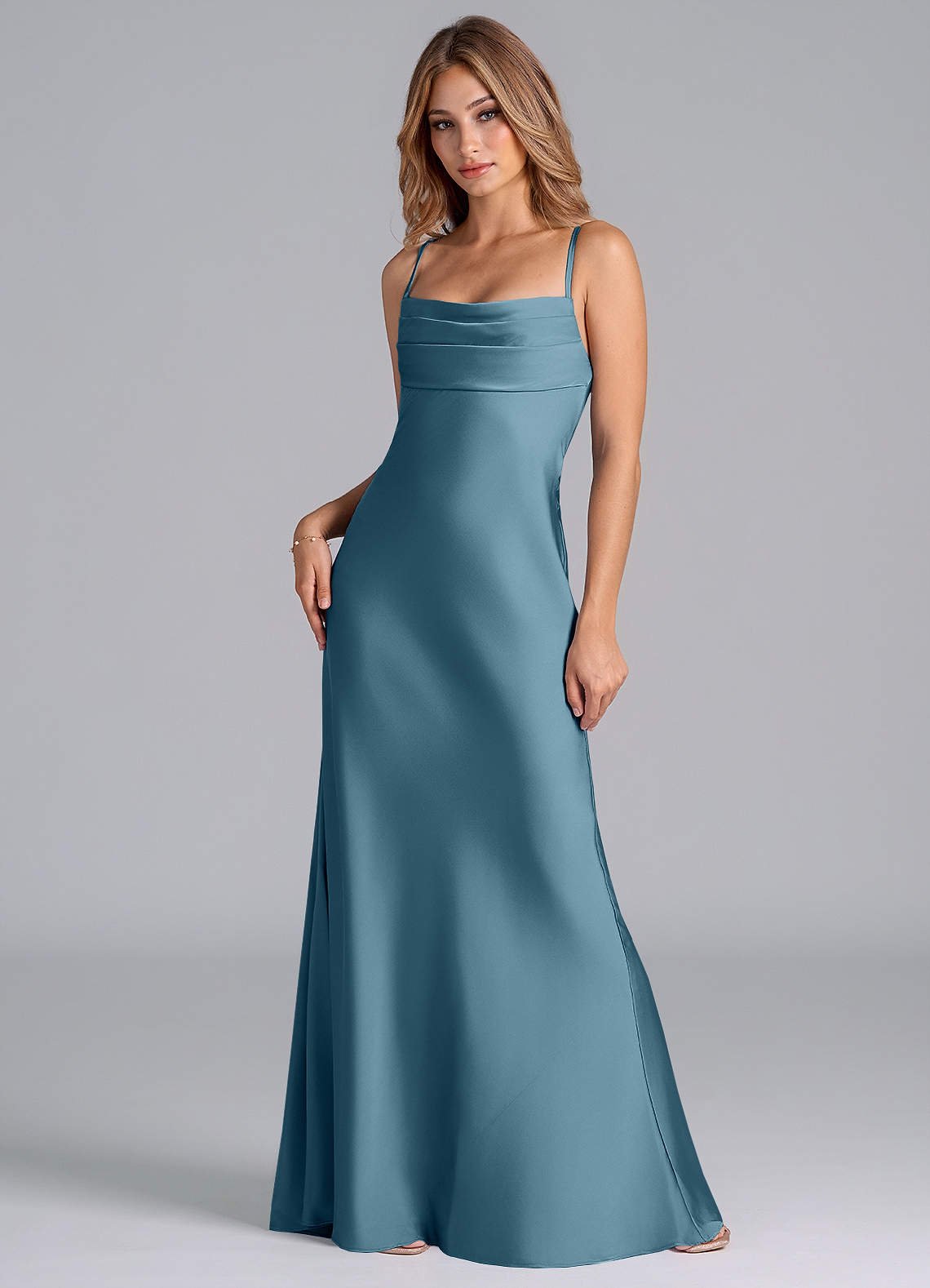 Seema Mermaid Cowl-Neck Stretch Satin Bridesmaid Dress in Bermuda