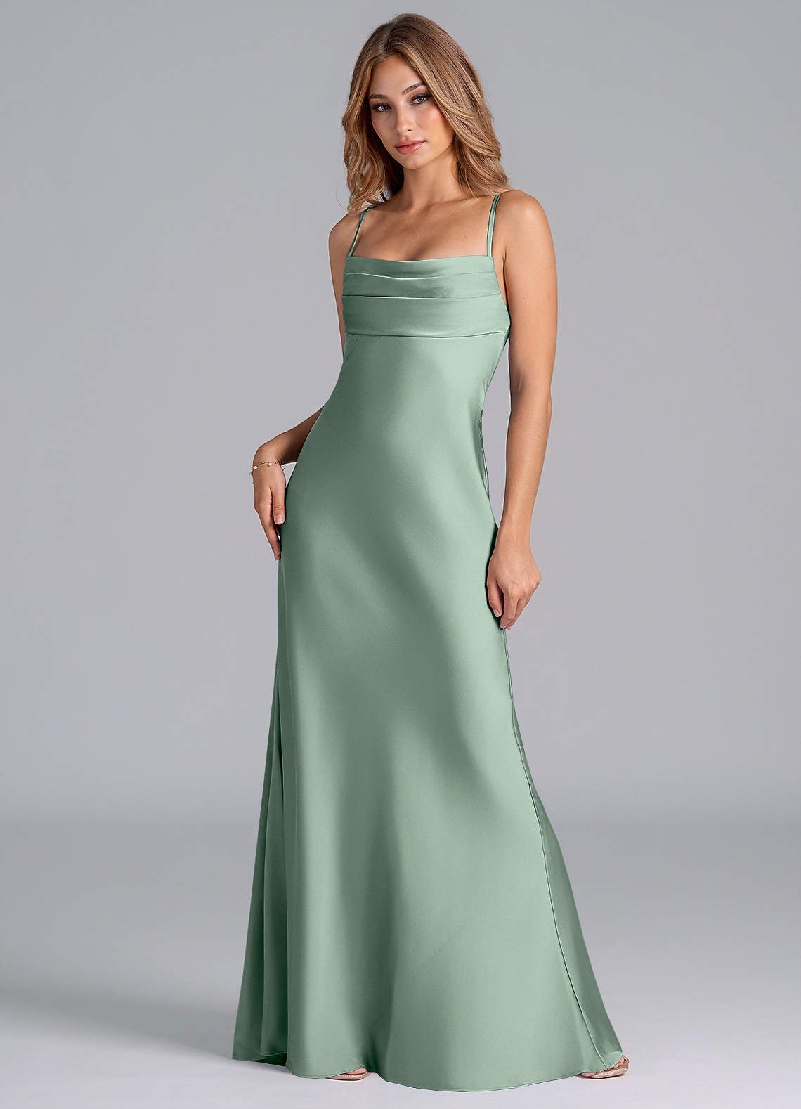 Seema Mermaid Cowl-Neck Stretch Satin Bridesmaid Dress in Agave