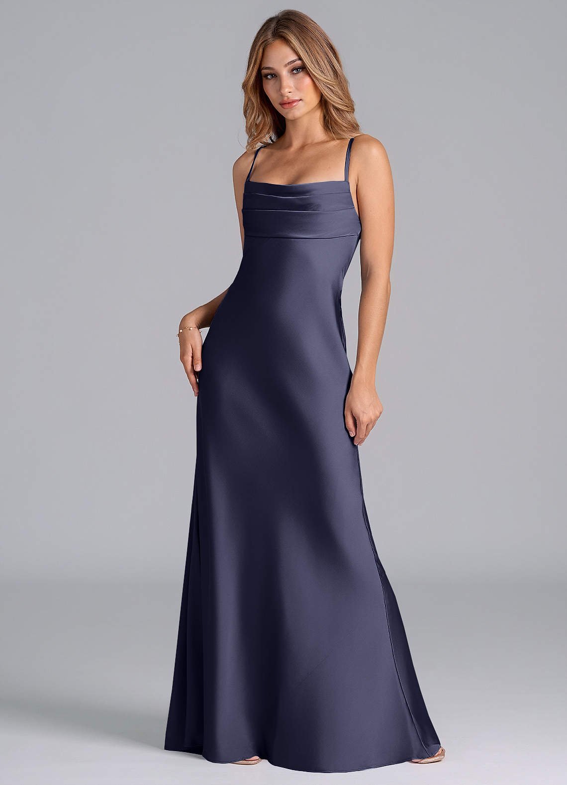 Seema Mermaid Cowl-Neck Stretch Satin Bridesmaid Dress in Stormy