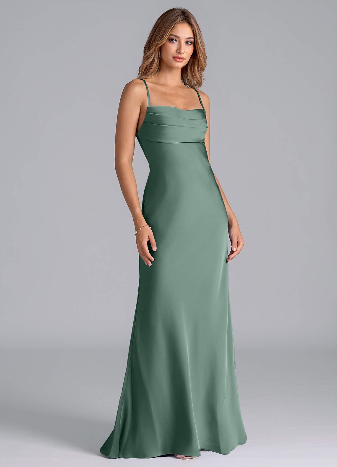 Seema Mermaid Cowl-Neck Stretch Satin Bridesmaid Dress in Eucalyptus