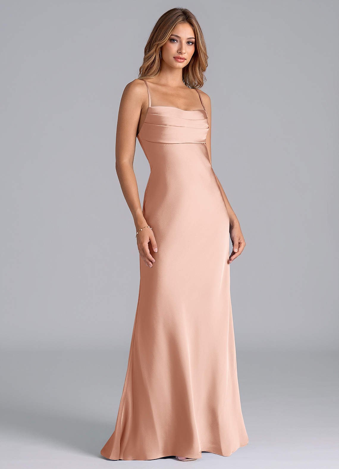 Seema Mermaid Cowl-Neck Stretch Satin Bridesmaid Dress in rose gold