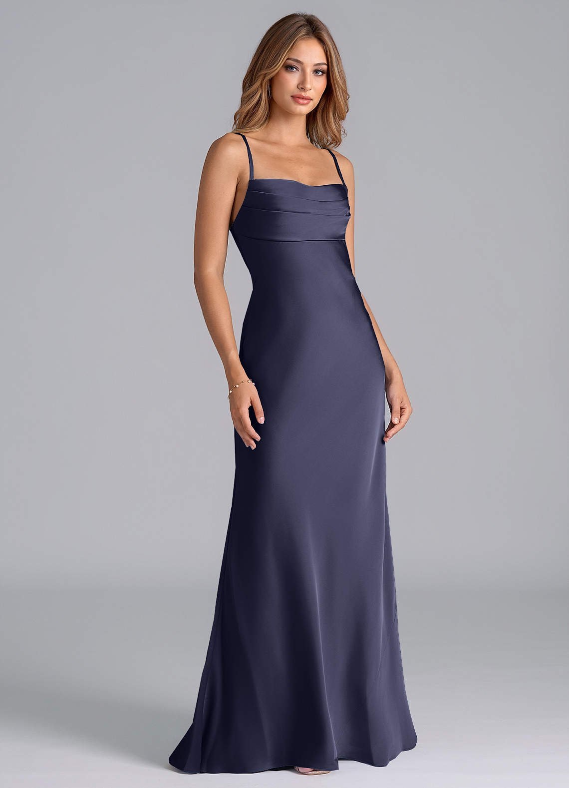 Seema Mermaid Cowl-Neck Stretch Satin Bridesmaid Dress in Stormy