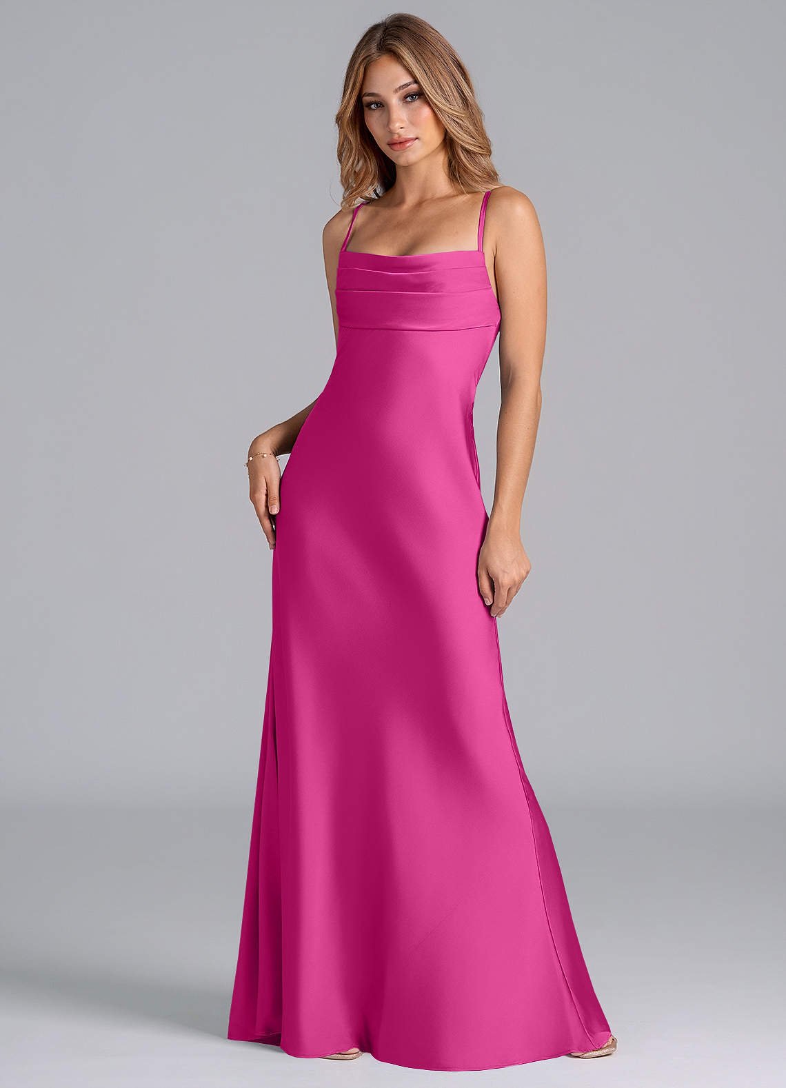 Seema Mermaid Cowl-Neck Stretch Satin Bridesmaid Dress in Fuchsia
