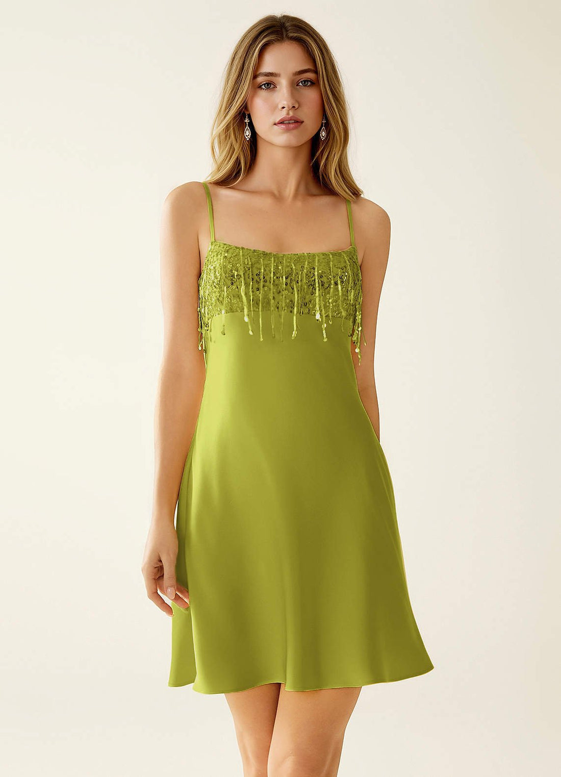 SeJone A-Line Spaghetti-Strap Satin and Sequin Prom Dress in Neon Green