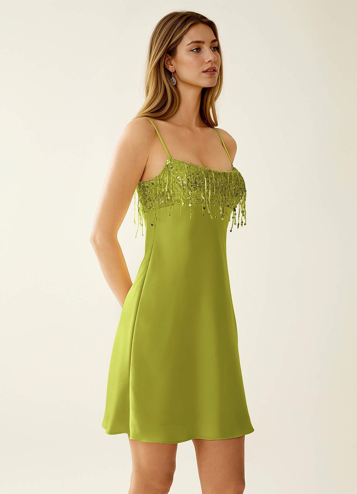 SeJone A-Line Spaghetti-Strap Satin and Sequin Prom Dress in Neon Green