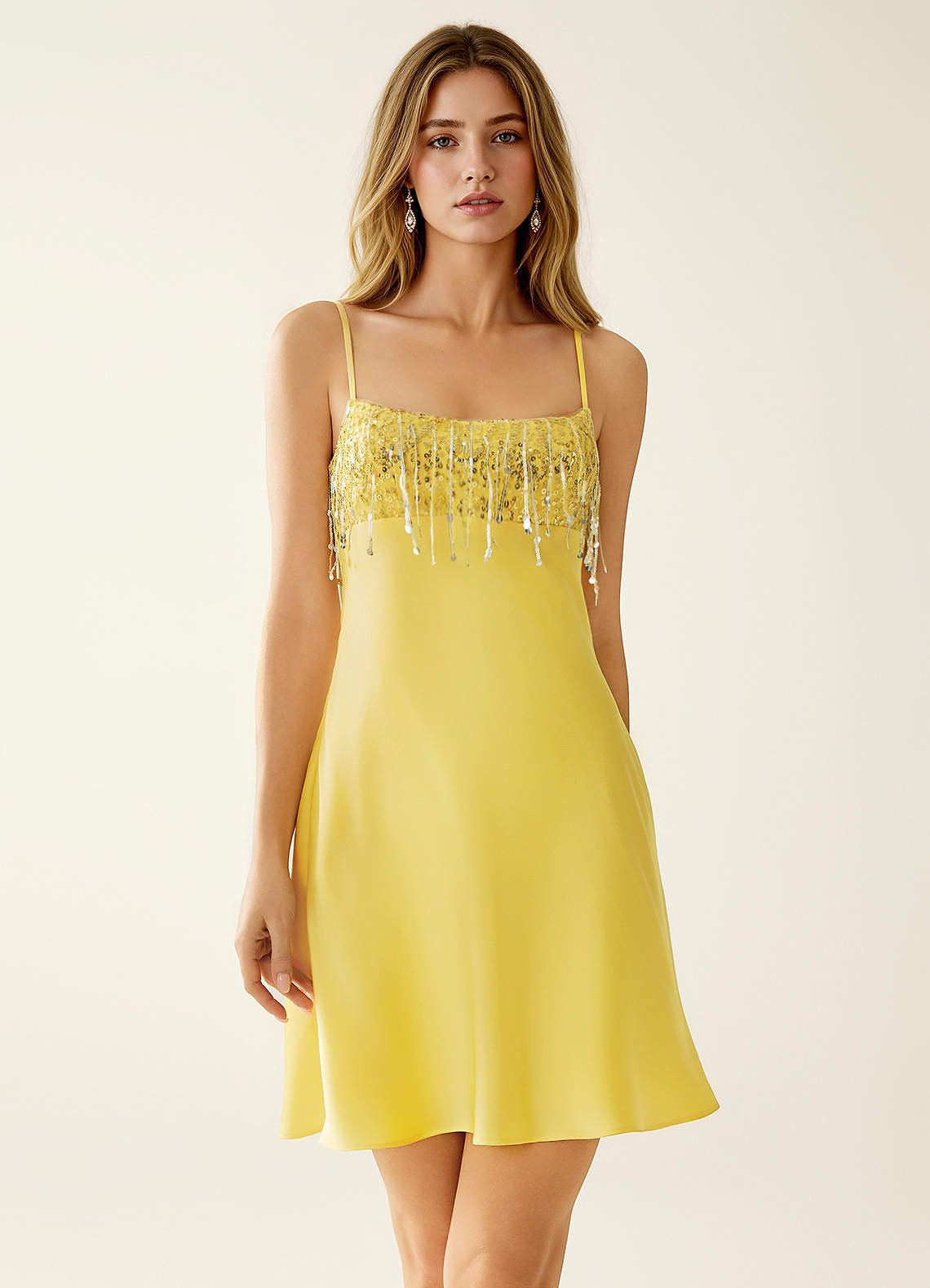 SeJone A-Line Spaghetti-Strap Satin and Sequin Prom Dress in Light Yellow