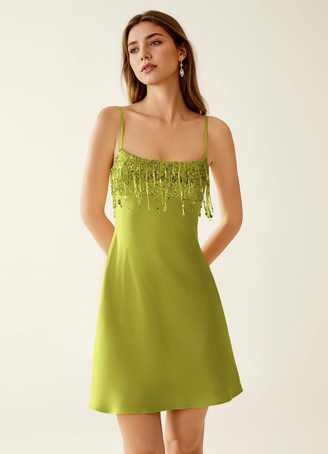 SeJone A-Line Spaghetti-Strap Satin and Sequin Prom Dress in Neon Green