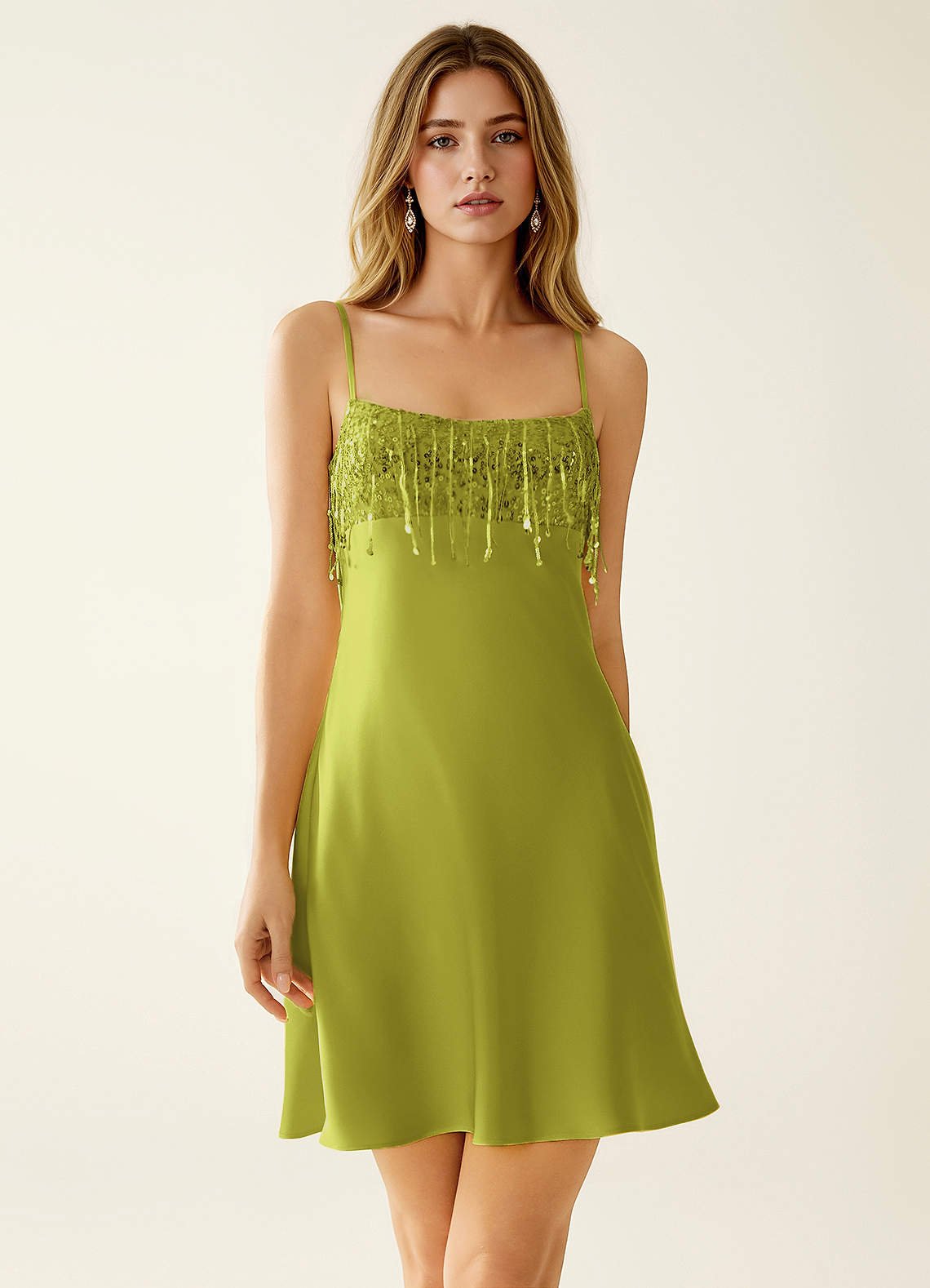 SeJone A-Line Spaghetti-Strap Satin and Sequin Prom Dress in Neon Green