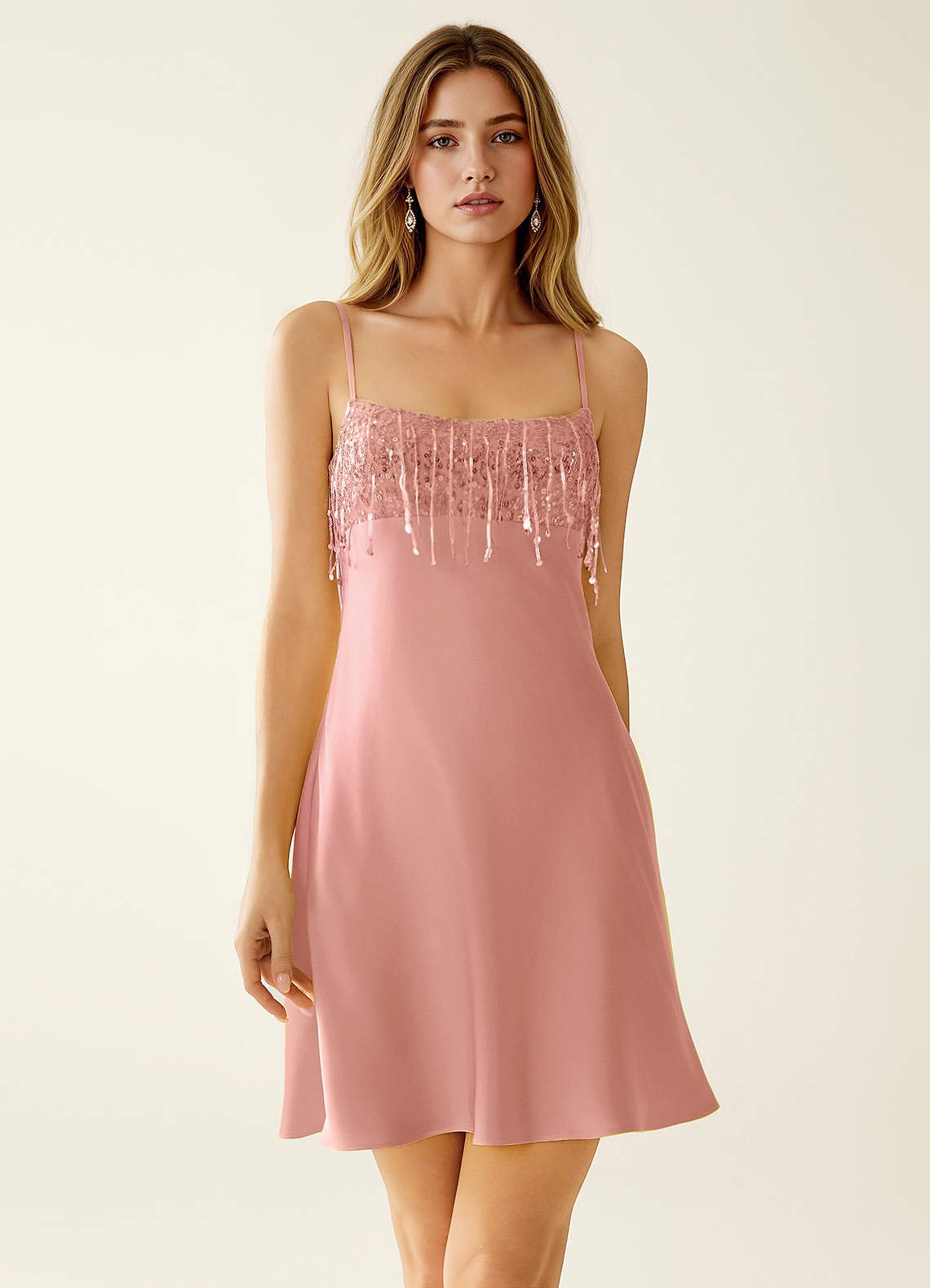 SeJone A-Line Spaghetti-Strap Satin and Sequin Prom Dress in Pink