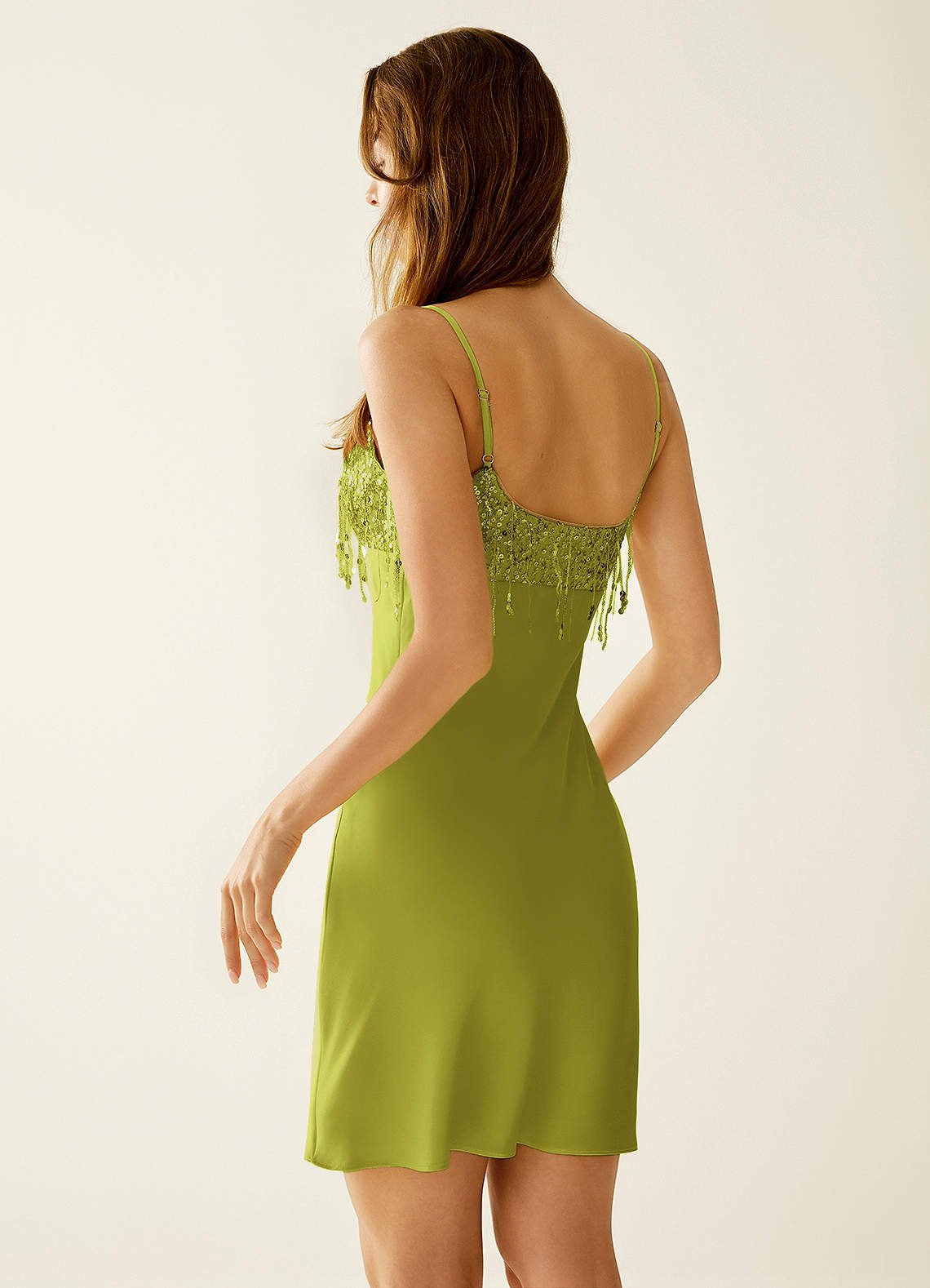 SeJone A-Line Spaghetti-Strap Satin and Sequin Prom Dress in Neon Green