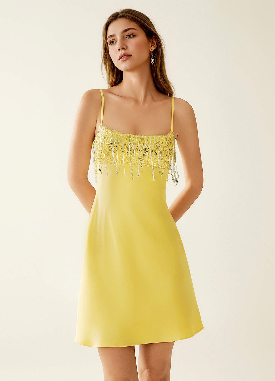 SeJone A-Line Spaghetti-Strap Satin and Sequin Prom Dress in Neon Green