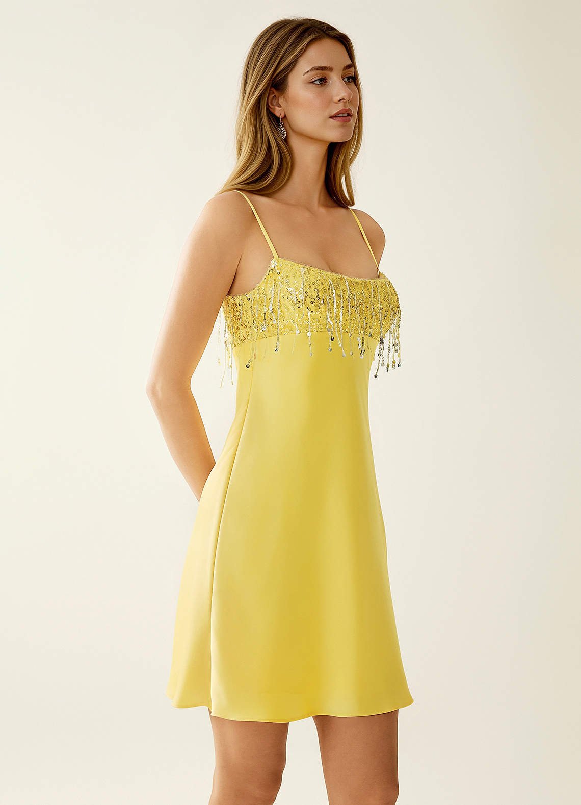 SeJone A-Line Spaghetti-Strap Satin and Sequin Prom Dress in Light Yellow