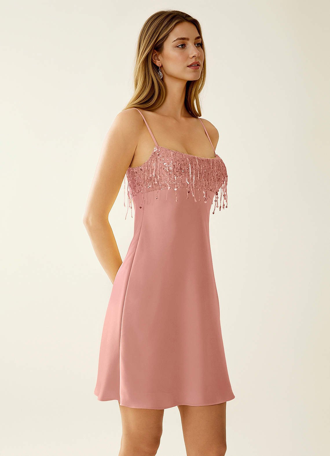 SeJone A-Line Spaghetti-Strap Satin and Sequin Prom Dress in Pink