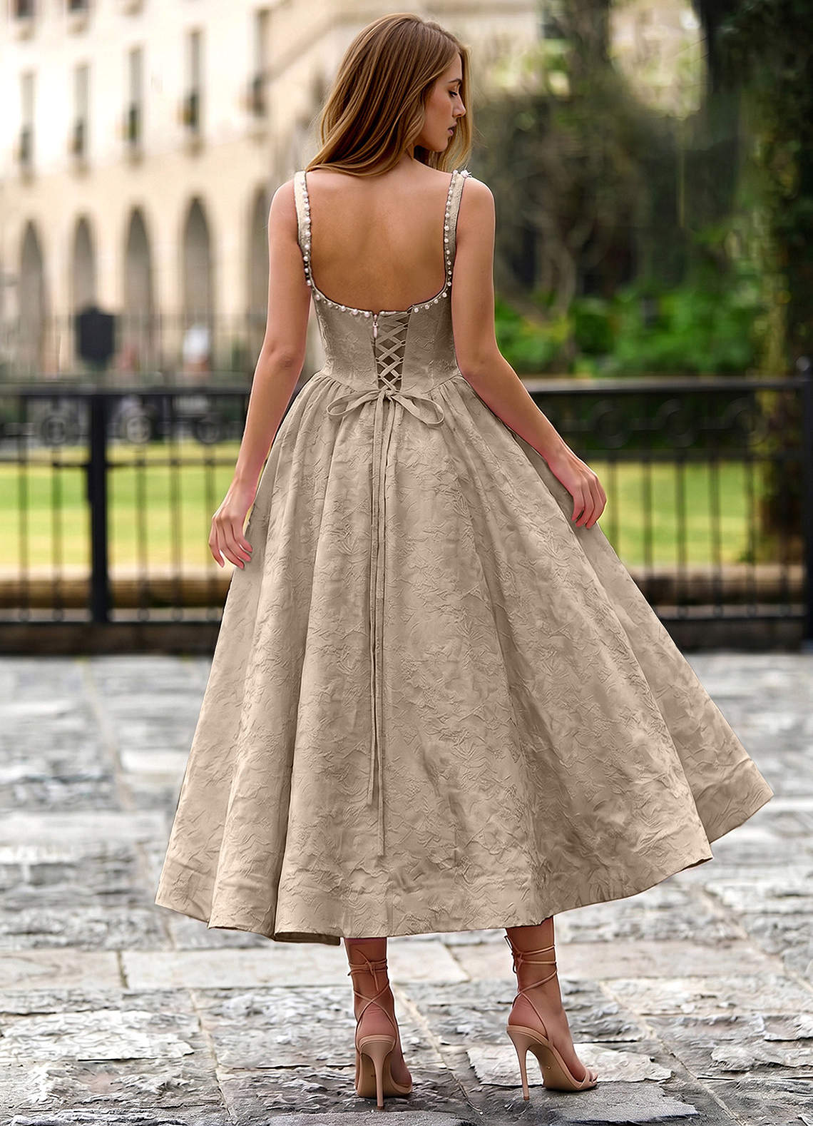 Sephone A-Line Square-Neck Jacquard Prom Dress in Light Apricot