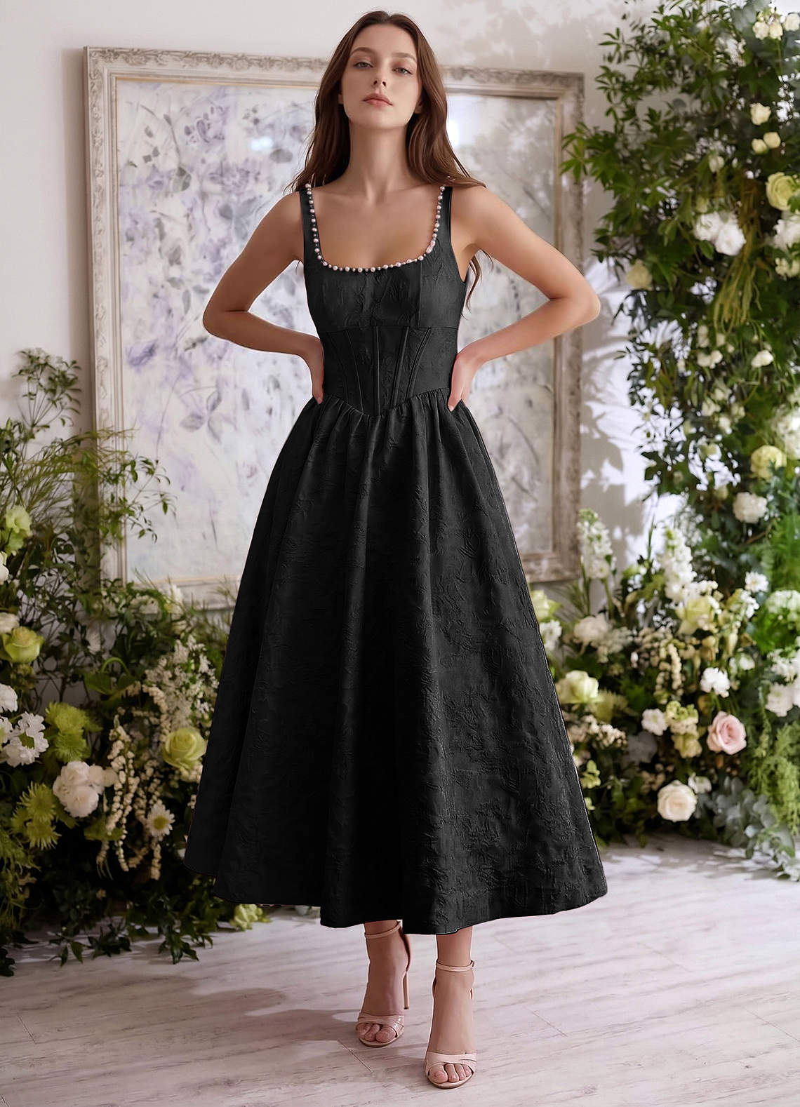 Sephone A-Line Square-Neck Jacquard Prom Dress in Black