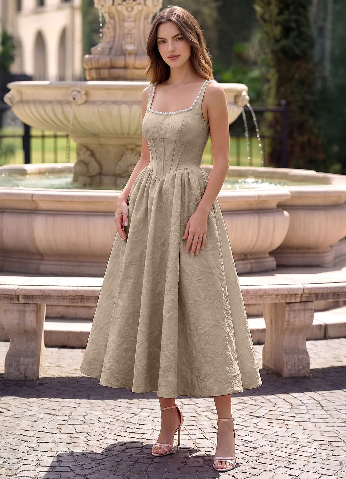 Sephone A-Line Square-Neck Jacquard Prom Dress in Sage