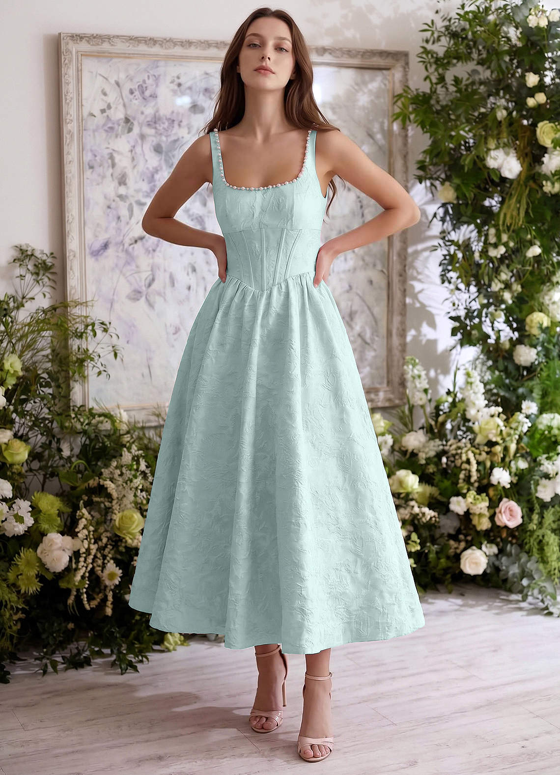 Sephone A-Line Square-Neck Jacquard Prom Dress in Mint Green