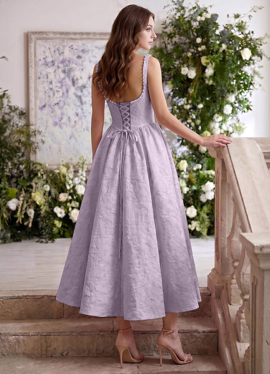 Sephone A-Line Square-Neck Jacquard Prom Dress in Light Purple