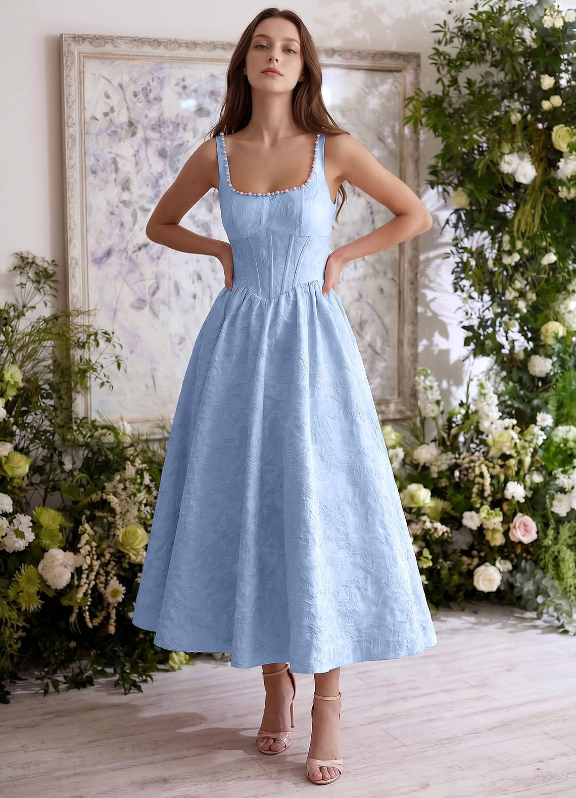 Sephone A-Line Square-Neck Jacquard Prom Dress in Sky Blue