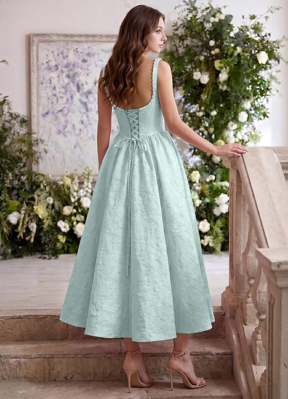 Sephone A-Line Square-Neck Jacquard Prom Dress in Mint Green