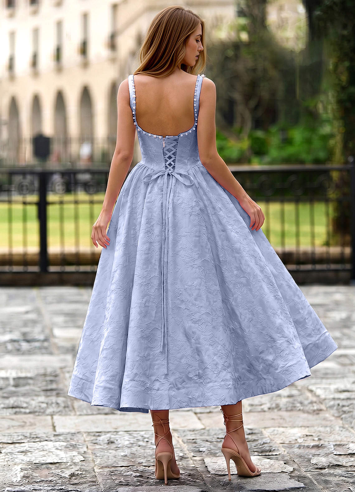 Sephone A-Line Square-Neck Jacquard Prom Dress in Periwinkle