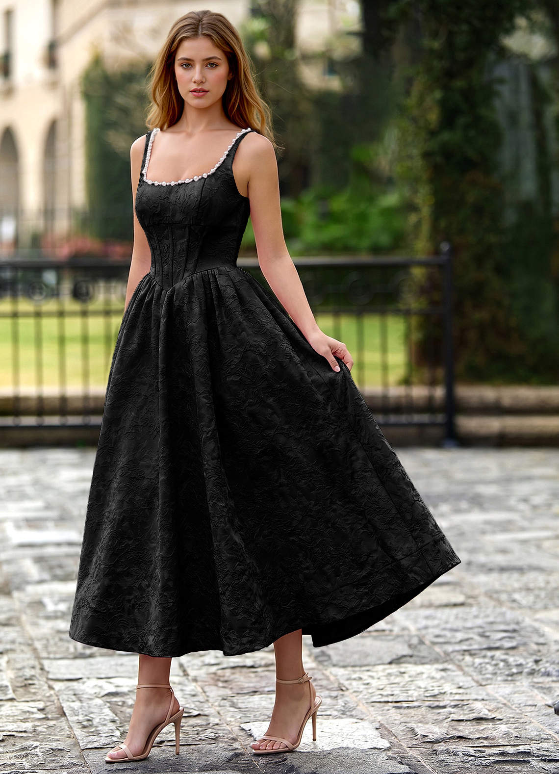 Sephone A-Line Square-Neck Jacquard Prom Dress in Black