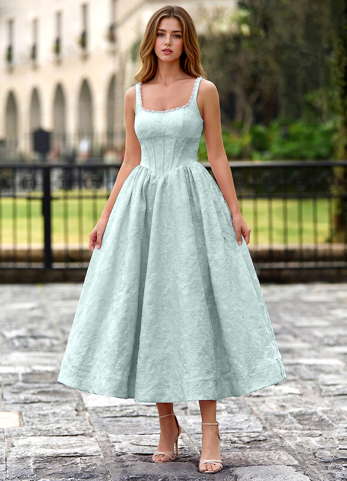 Sephone A-Line Square-Neck Jacquard Prom Dress in Mint Green