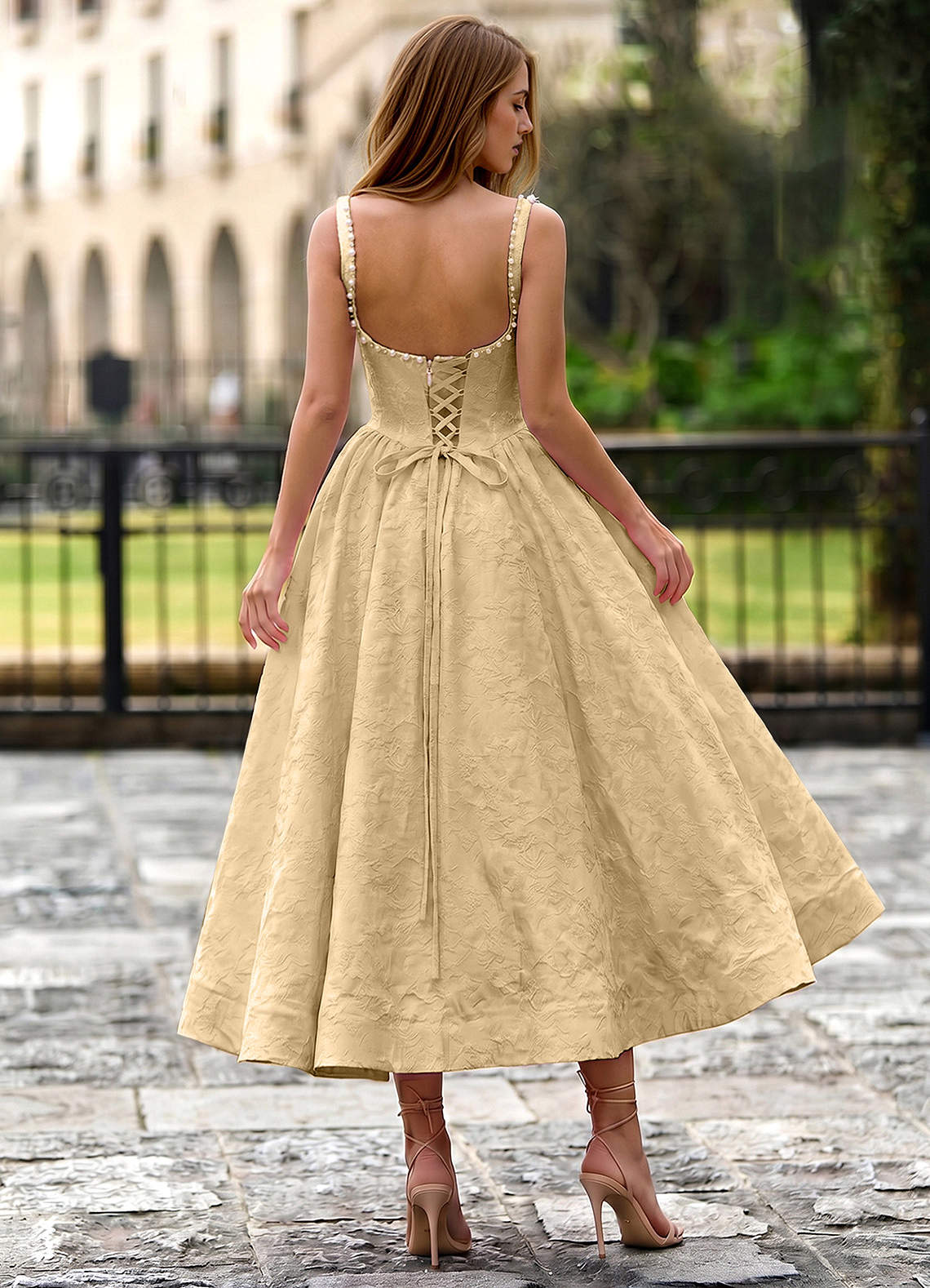 Sephone A-Line Square-Neck Jacquard Prom Dress in Orange