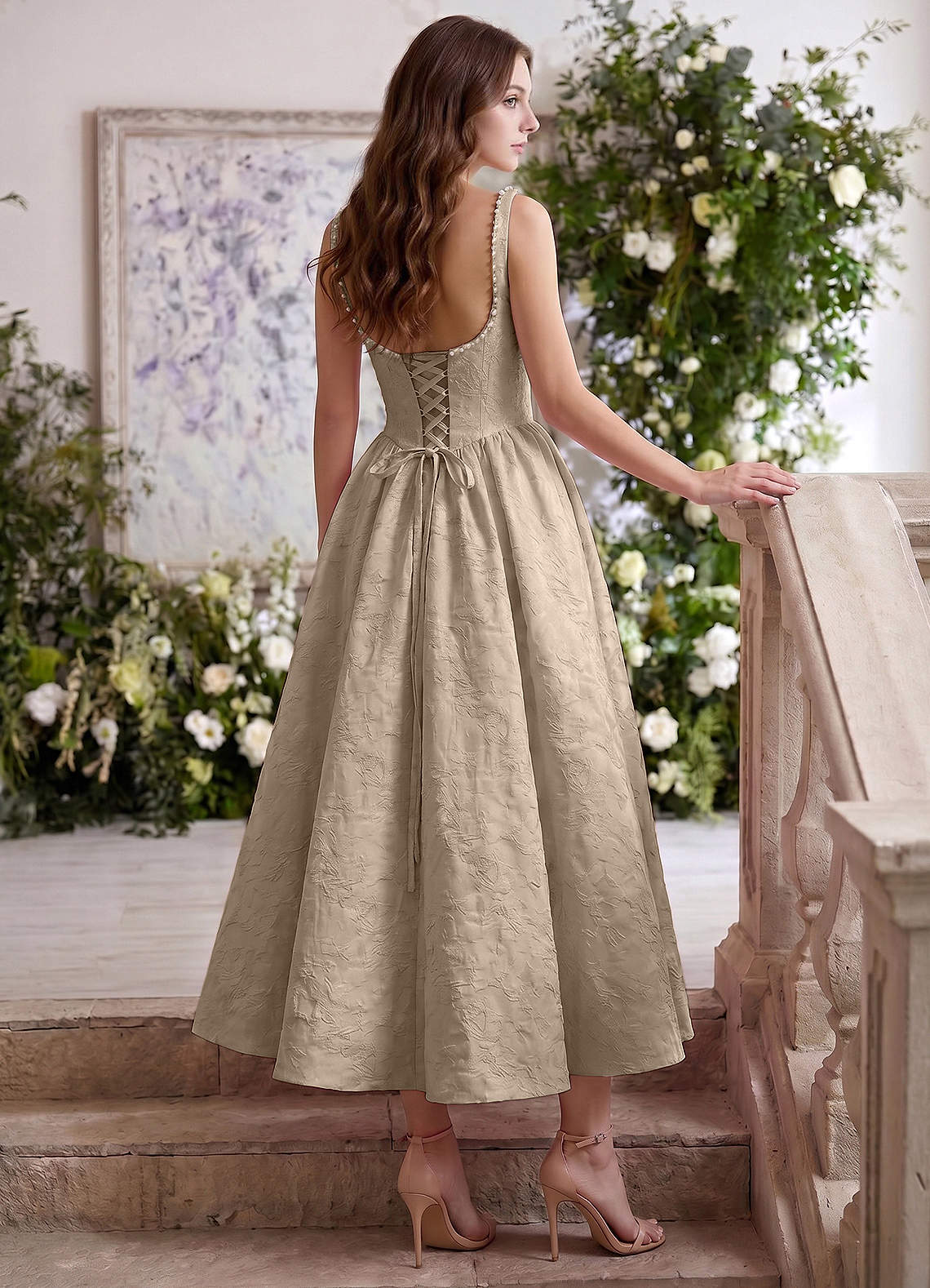 Sephone A-Line Square-Neck Jacquard Prom Dress in Light Apricot