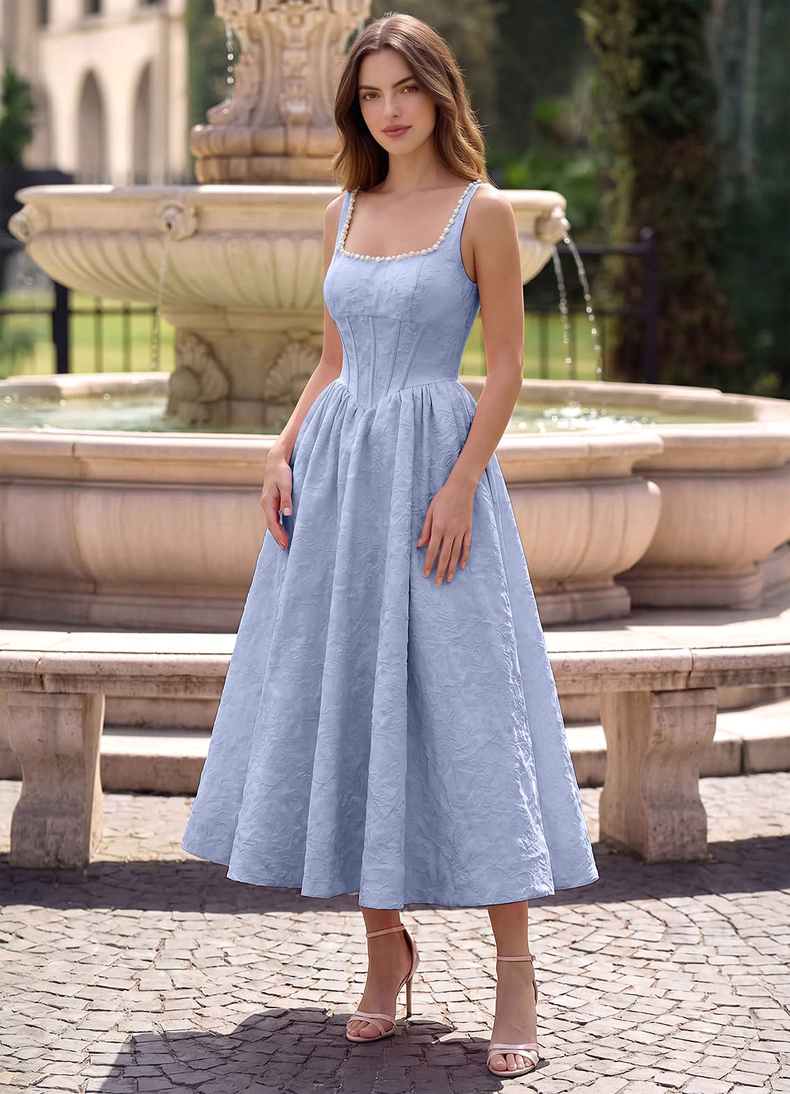 Sephone A-Line Square-Neck Jacquard Prom Dress in Sage