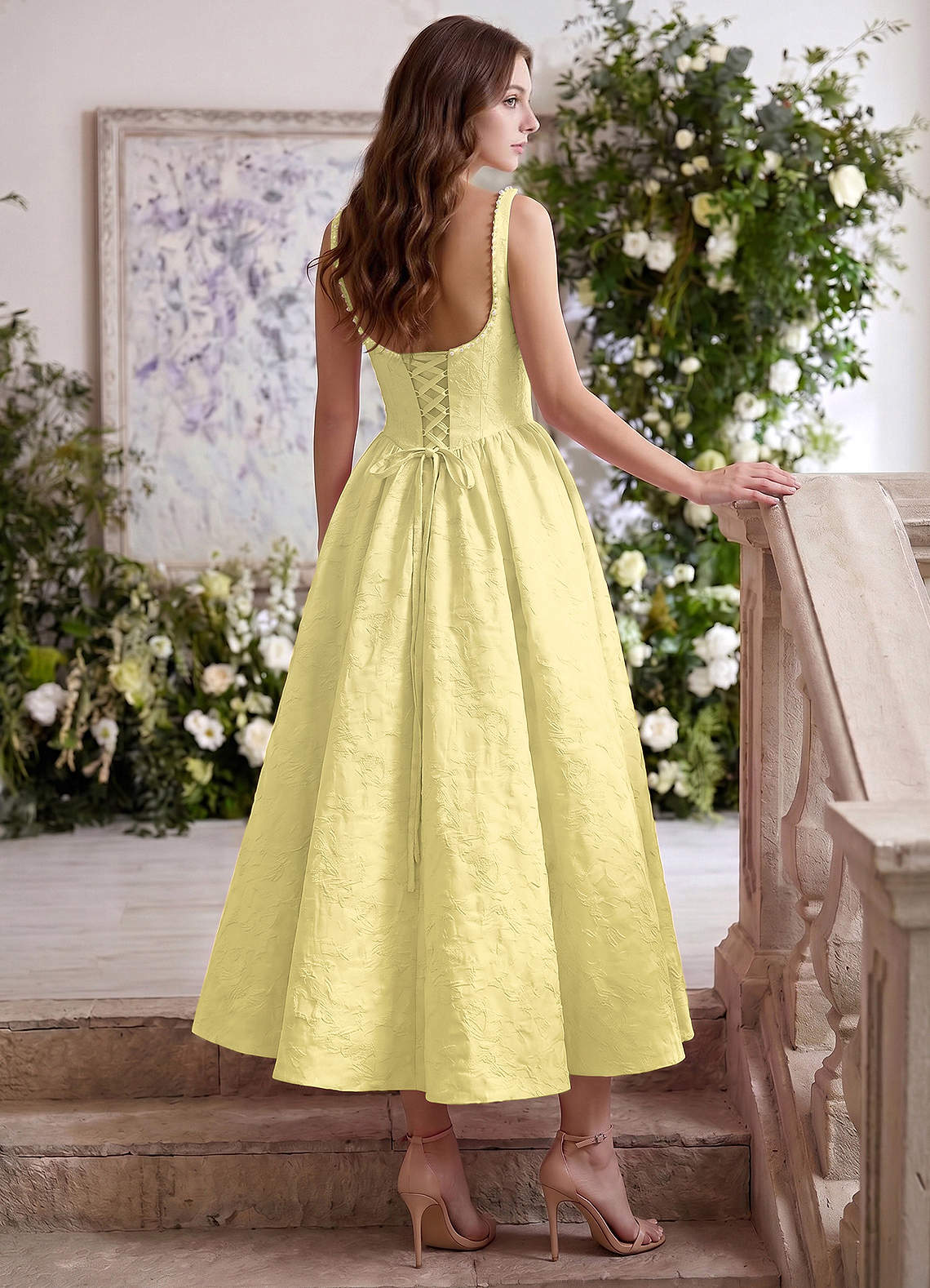 Sephone A-Line Square-Neck Jacquard Prom Dress in Yellow