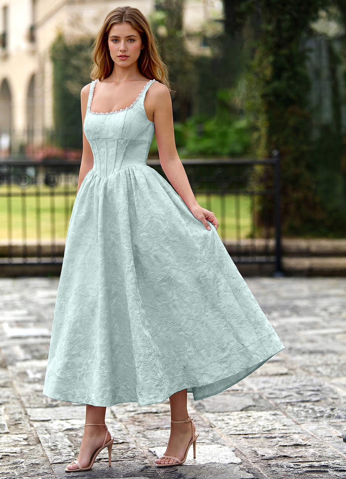 Sephone A-Line Square-Neck Jacquard Prom Dress in Mint Green