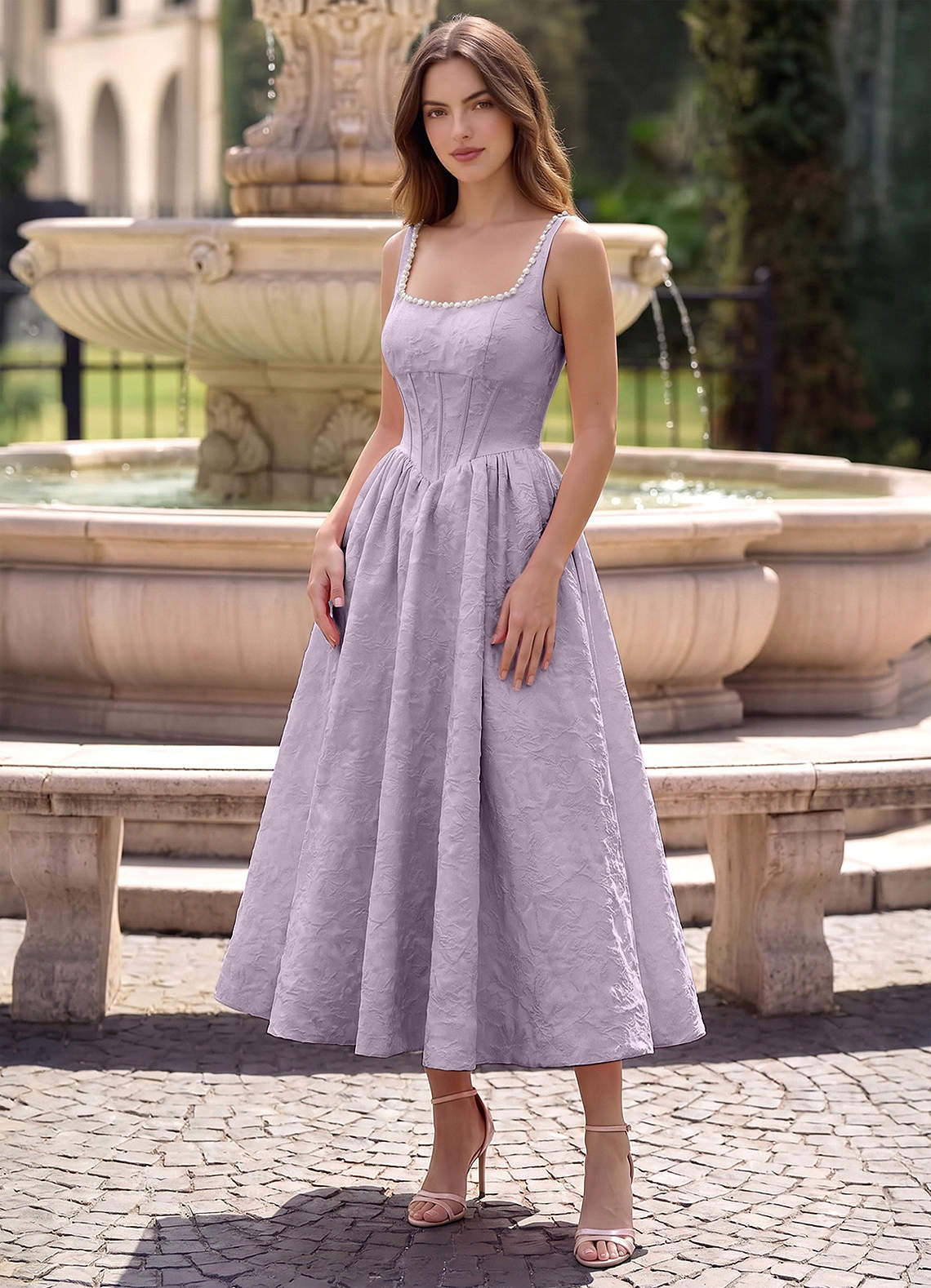 Sephone A-Line Square-Neck Jacquard Prom Dress in Sage