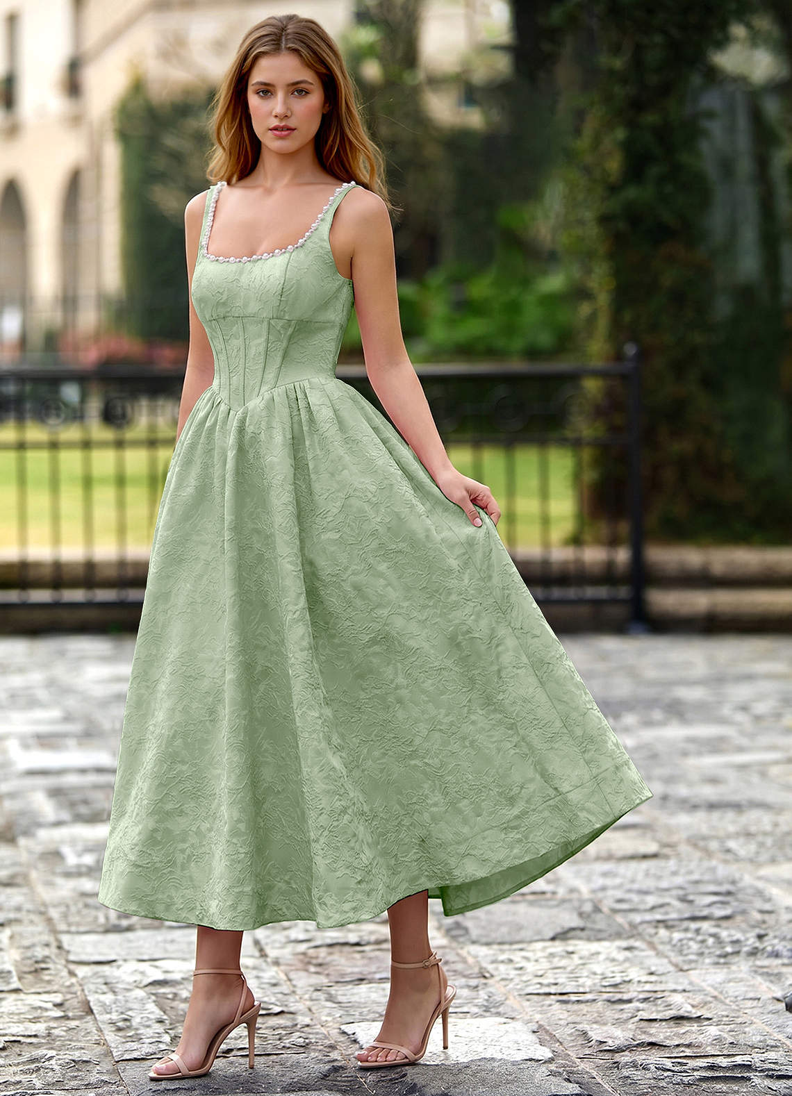 Sephone A-Line Square-Neck Jacquard Prom Dress in Sage