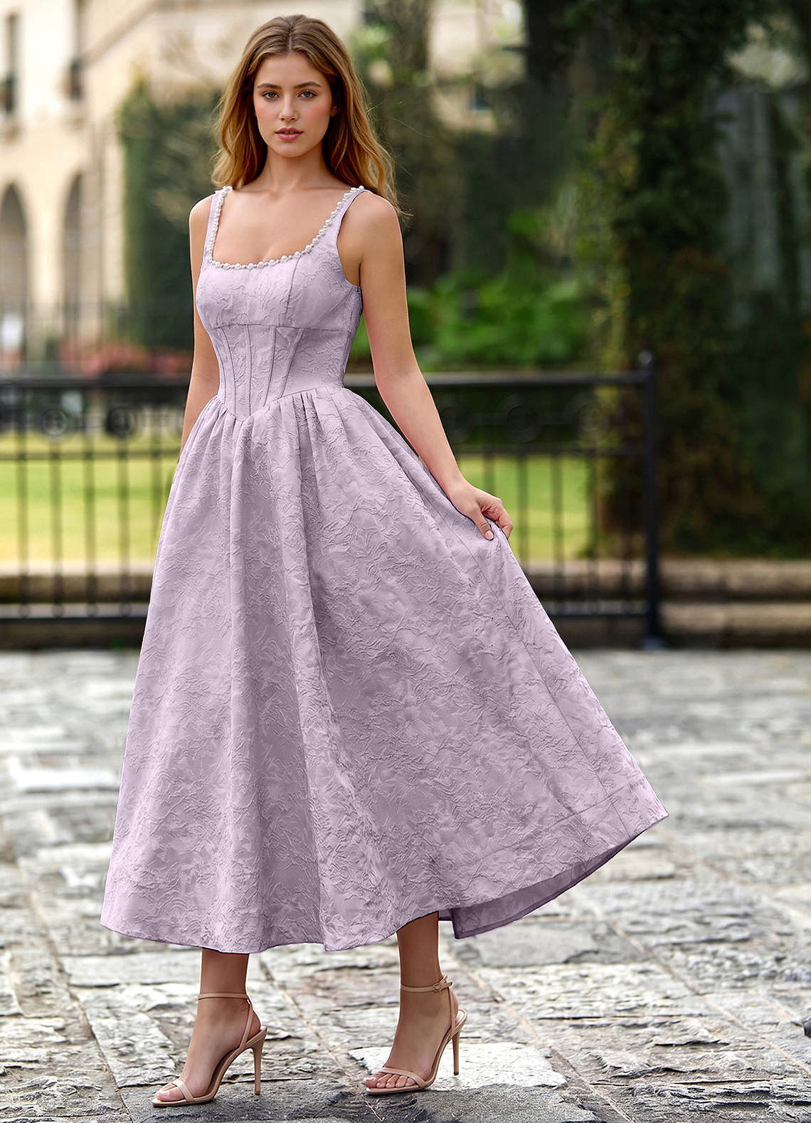 Sephone A-Line Square-Neck Jacquard Prom Dress in Light Purple